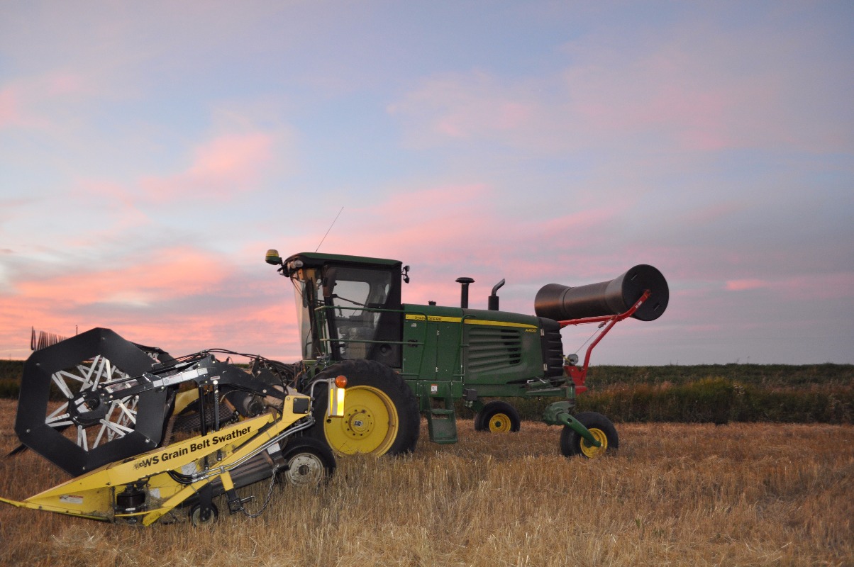 Image of John Deere A400 Swather with Honey Bee 30ft header